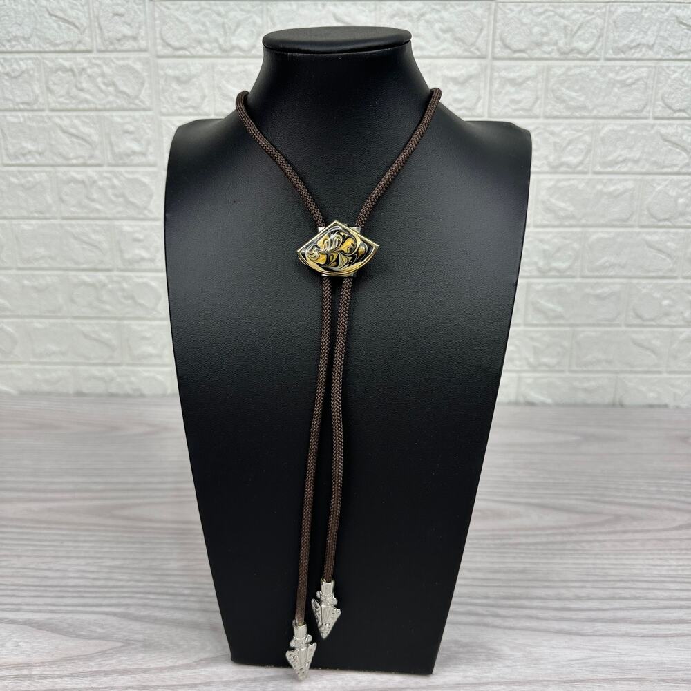 Vtg Unisex Bolo Tie Gold Tone Marbled Pendant Brown Braided Cord Adjustable Boho